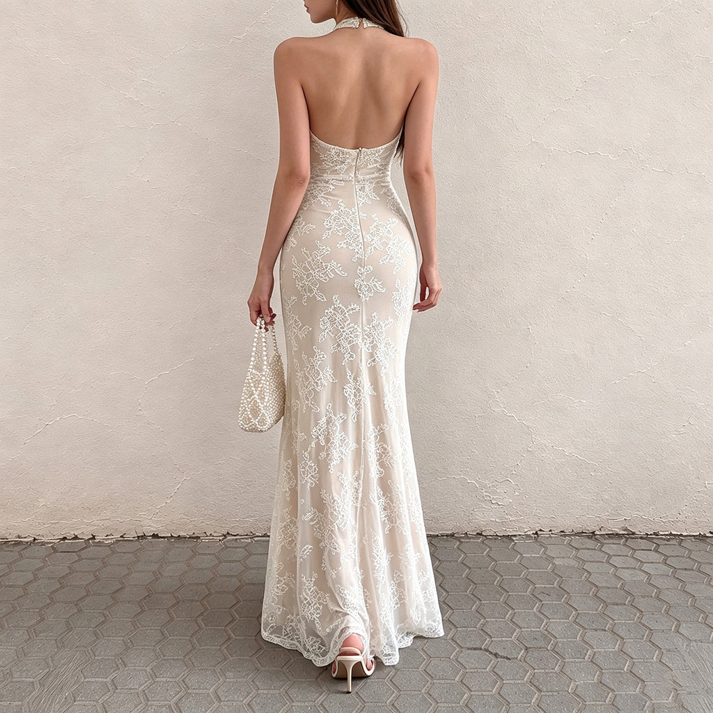 French Elegant Lace Stitching Ruffle Fitted Waist Backless Halter Dress Sexy Slim Vest Maxi Dress for Women LingSharp