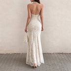 French Elegant Lace Stitching Ruffle Fitted Waist Backless Halter Dress Sexy Slim Vest Maxi Dress for Women LingSharp