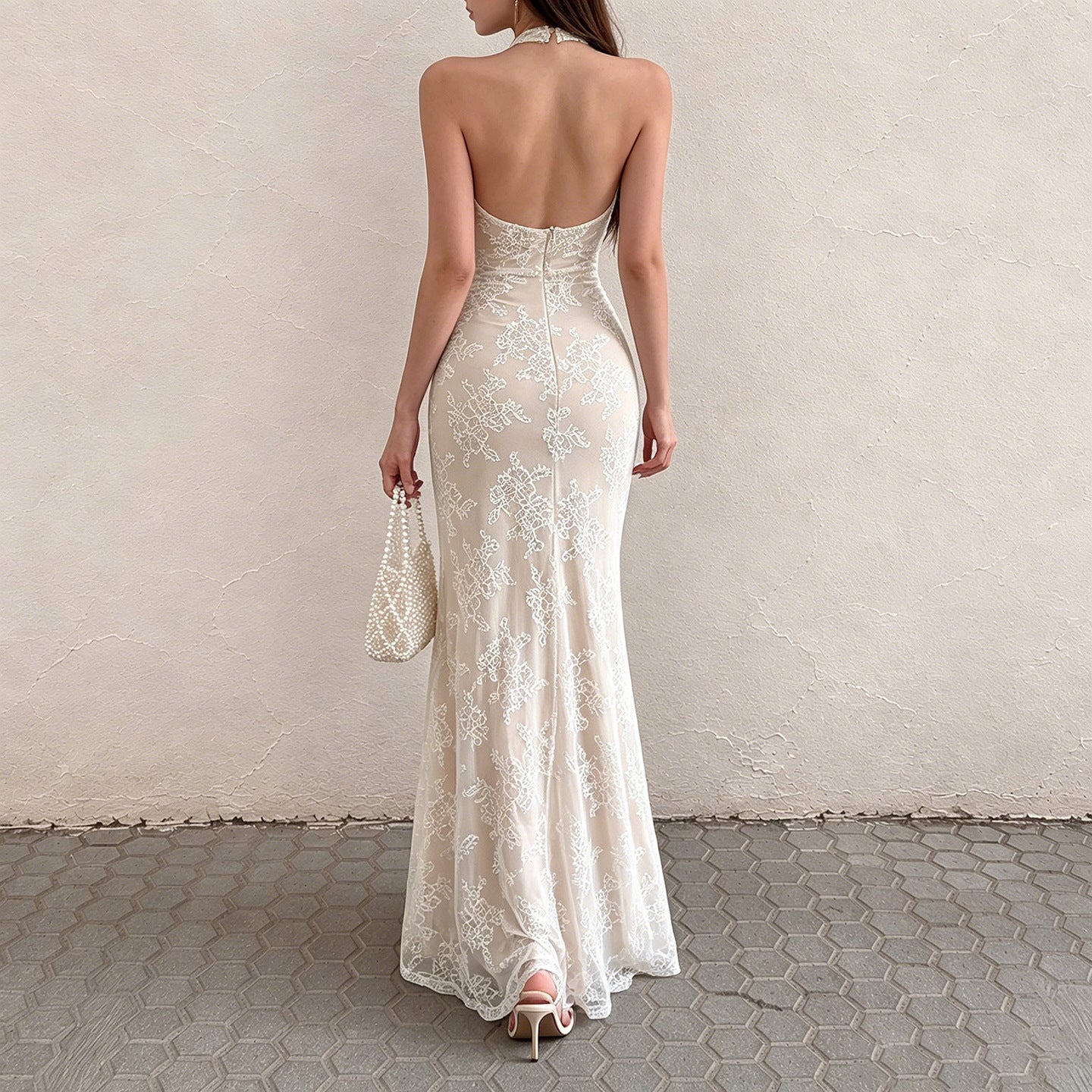 French Elegant Lace Stitching Ruffle Fitted Waist Backless Halter Dress Sexy Slim Vest Maxi Dress for Women LingSharp