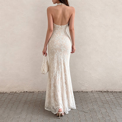 French Elegant Lace Stitching Ruffle Fitted Waist Backless Halter Dress Sexy Slim Vest Maxi Dress for Women LingSharp
