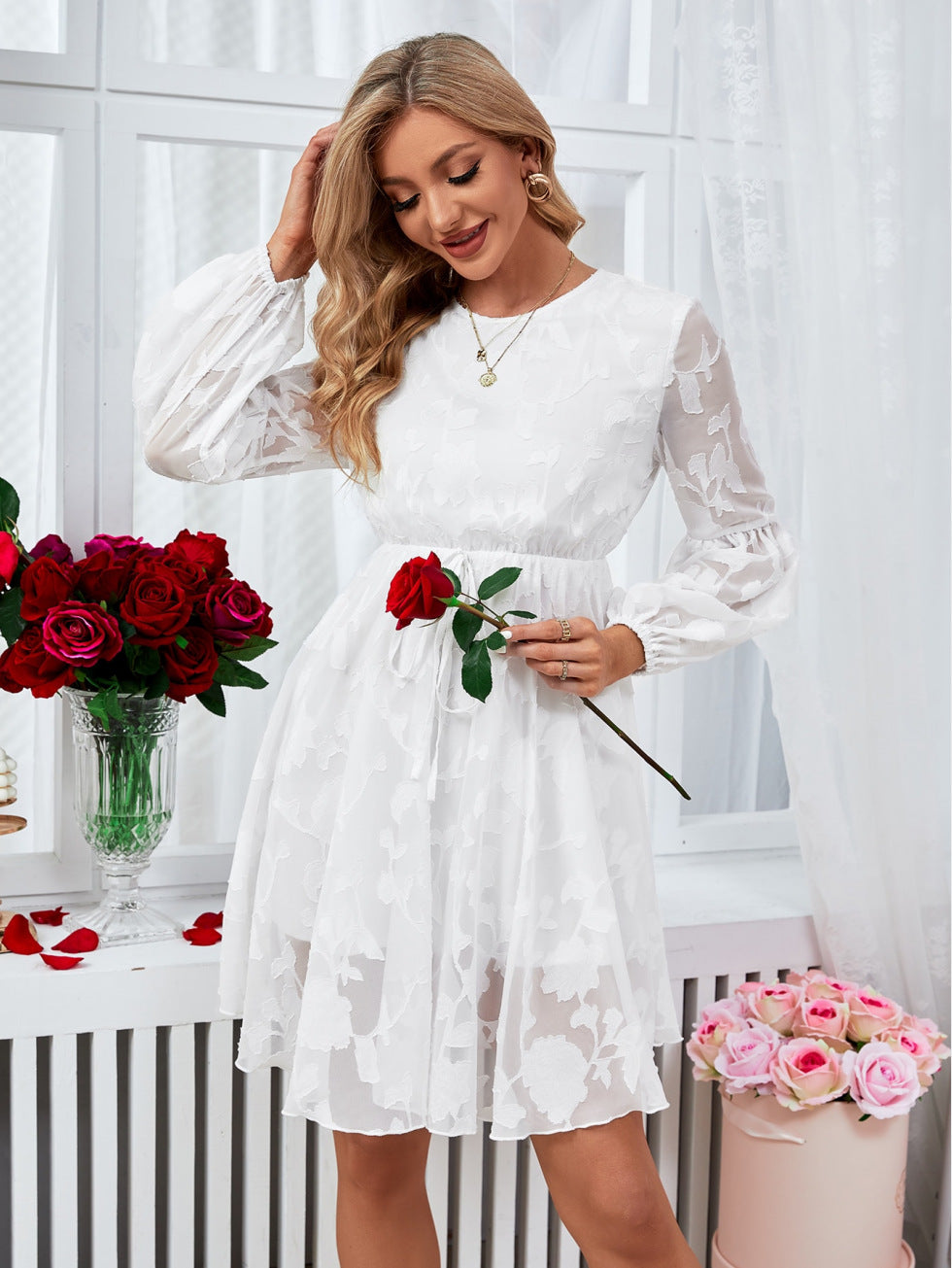 Women Spring Autumn Summer Elegant Floral Dress Long Sleeve Dress JWDZC