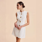 Summer Women Clothing Sleeveless round Neck Buckle Solid Color Short Dress Rogan