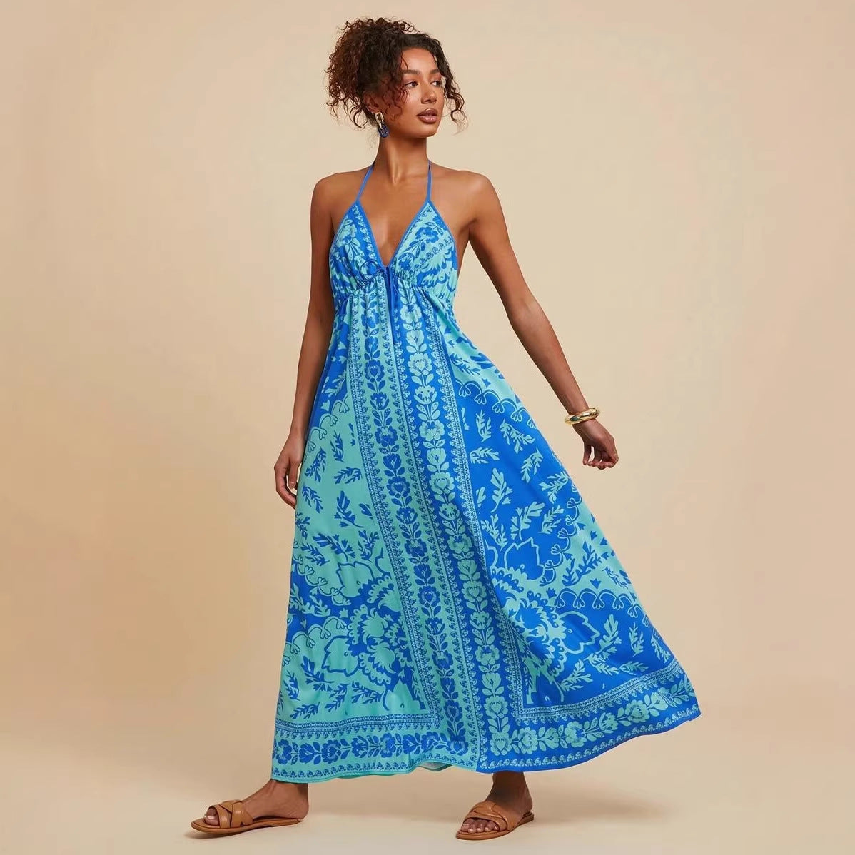 Summer V neck Backless Sexy Positioning Printed Burnt Floral Dress XUYUN