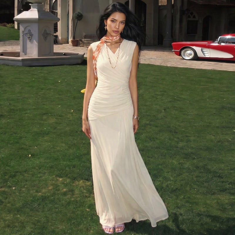 French V neck Solid Color Maxi Dress Summer Waist Slimming Draping Effect Maxi Dress BULLINGER