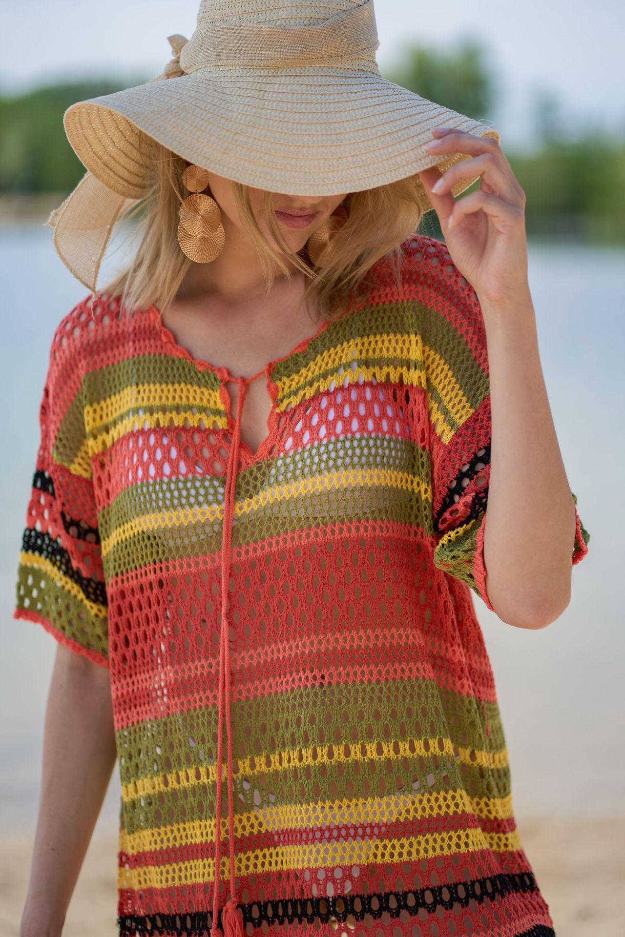 Blusa de bikini de punto con rayas de colores para playa, sexy, con aberturas y protección solar para vacaciones