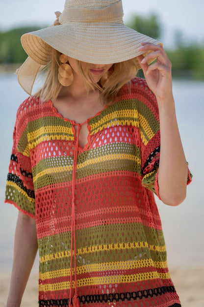 Blusa de bikini de punto con rayas de colores para playa, sexy, con aberturas y protección solar para vacaciones