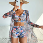 Swimsuit Women Split Long Sleeve Mesh Swimsuit Printed Three Piece Set Bikini Swimsuit SOKO