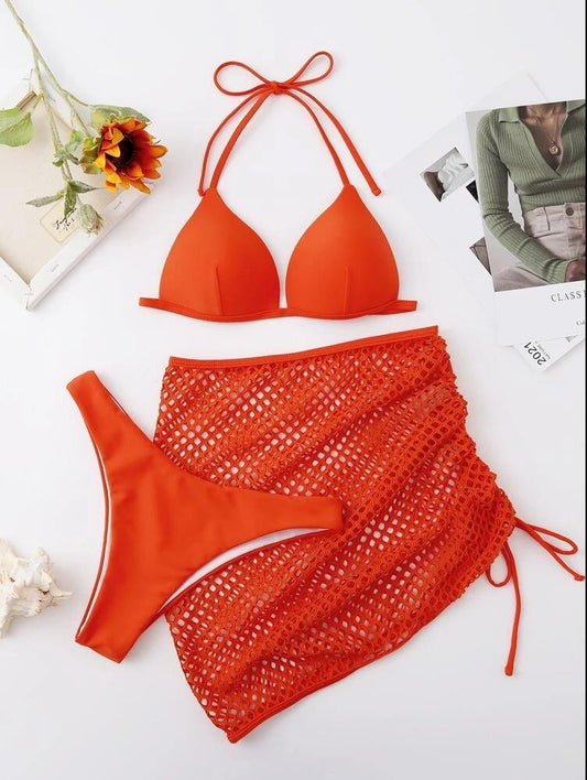 Sexy Solid Color Three-Piece Mesh Women Swimsuit