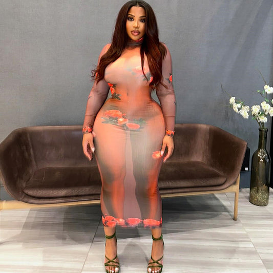 Vestido estampado para mujer, cuello redondo, jersey de manga larga, vestido de un solo paso