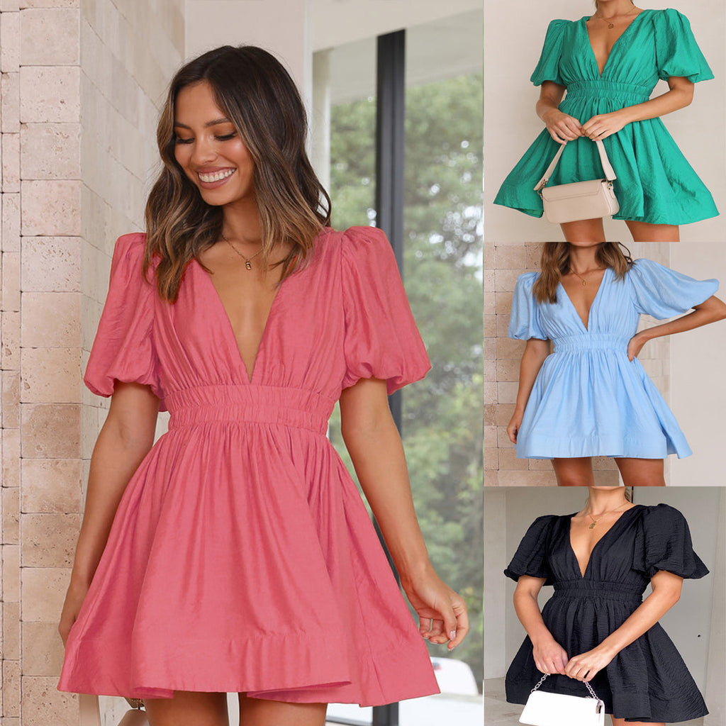 dress Sexy V neck Lantern Sleeve Waist-Tight Princess Dress Women Short Sleeve Dress DREAMCHIN