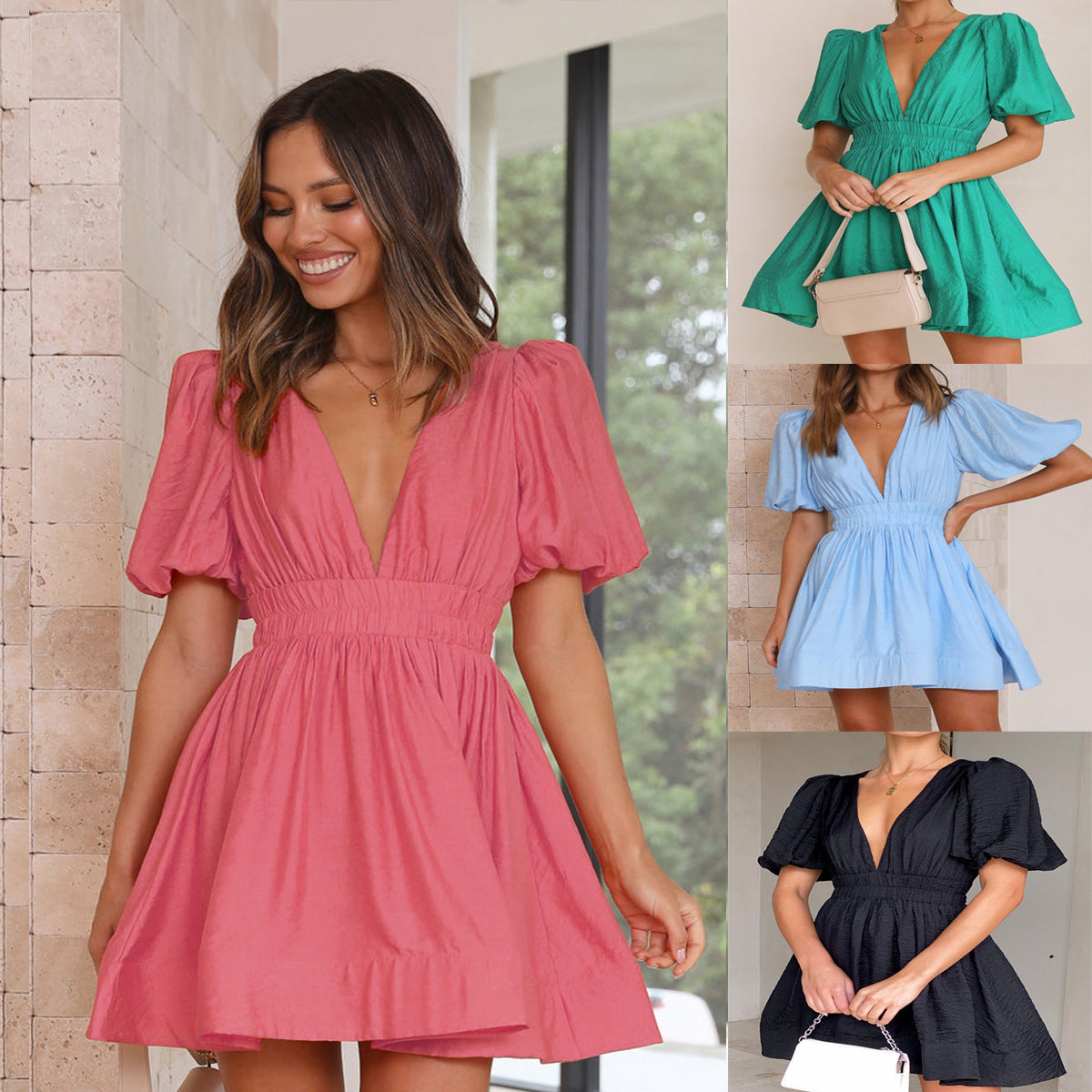 dress Sexy V neck Lantern Sleeve Waist-Tight Princess Dress Women Short Sleeve Dress DREAMCHIN