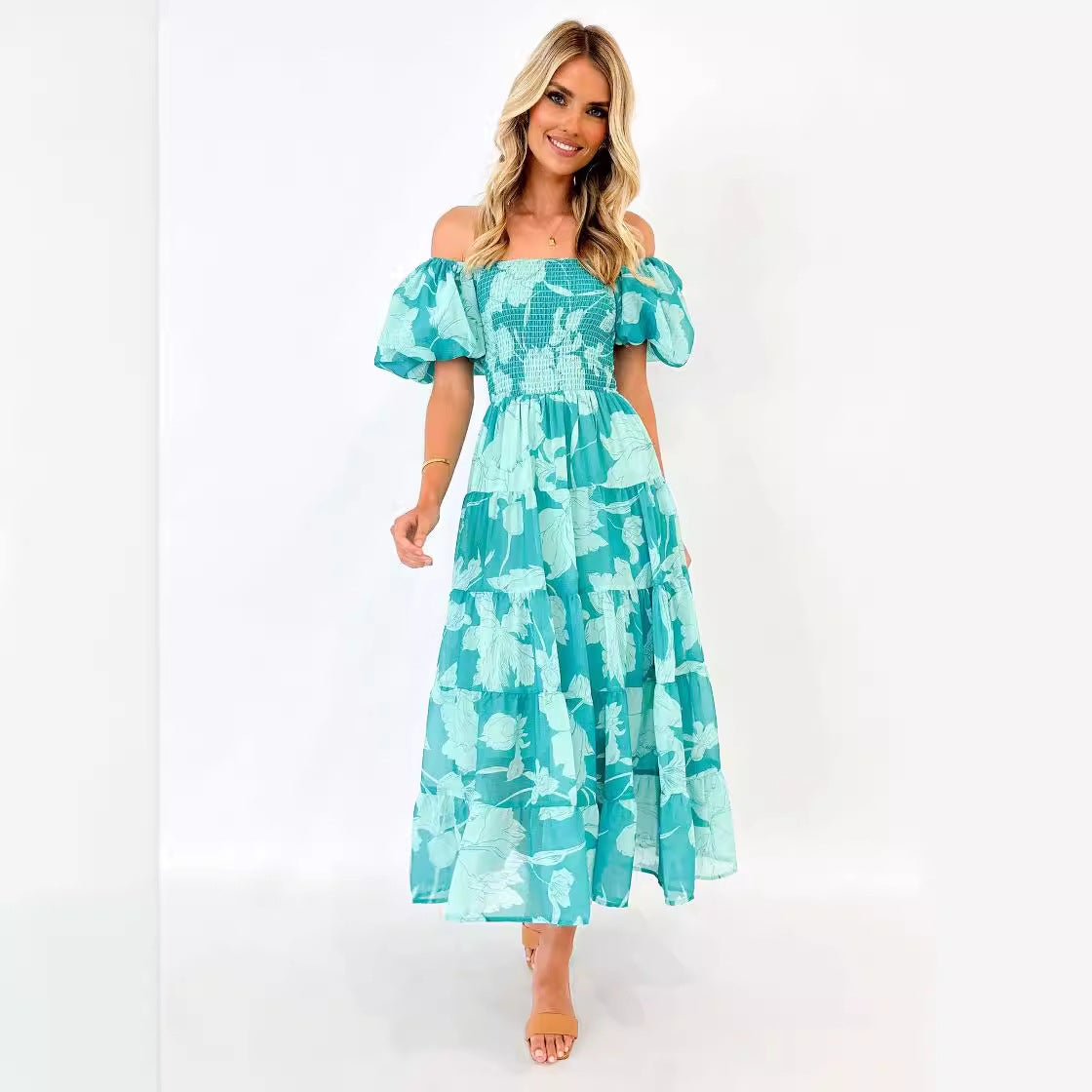 Summer Women Clothing off Neck Chiffon Puff Sleeve Layered Waist Trimming Printing Dress XINXI