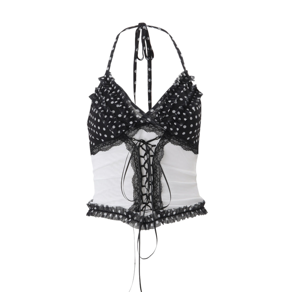 Women Clothing Summer Sexy Lace Slim Fit Patchwork Contrast Color Halter Backless Top Burgatti