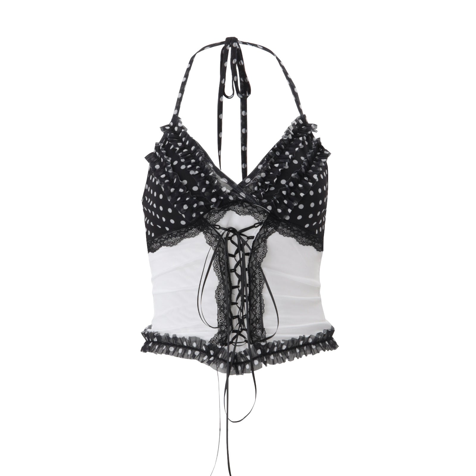 Women Clothing Summer Sexy Lace Slim Fit Patchwork Contrast Color Halter Backless Top Burgatti