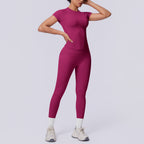 Seamless Knitted Short Sleeved Trousers Solid Color Three Section Waist Peach Hip Breathable Hip Raise Fitness Pants Yoga Set Women NESHA