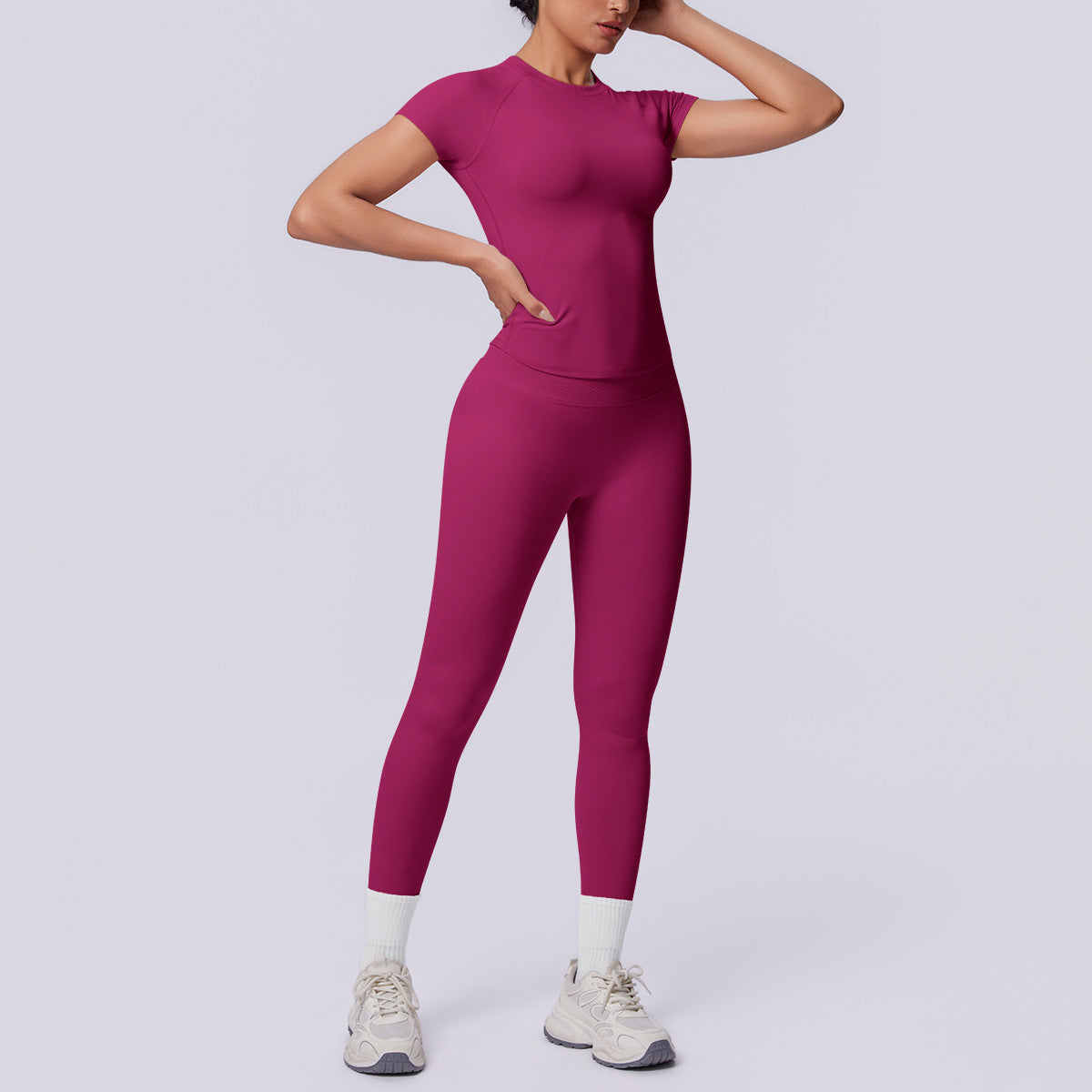 Seamless Knitted Short Sleeved Trousers Solid Color Three Section Waist Peach Hip Breathable Hip Raise Fitness Pants Yoga Set Women NESHA
