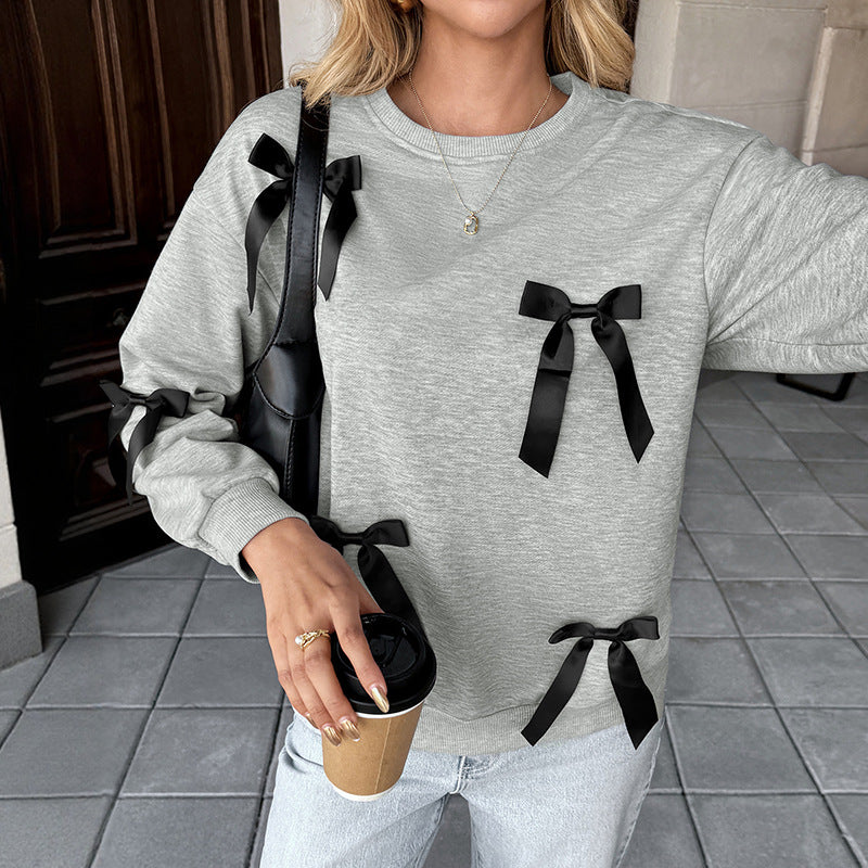Pull d'automne décontracté et mignon à col rond gris avec nœud papillon pour femme