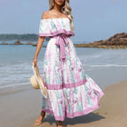 Spring Summer off Shoulder Printing Long Large Hem Dress SCC