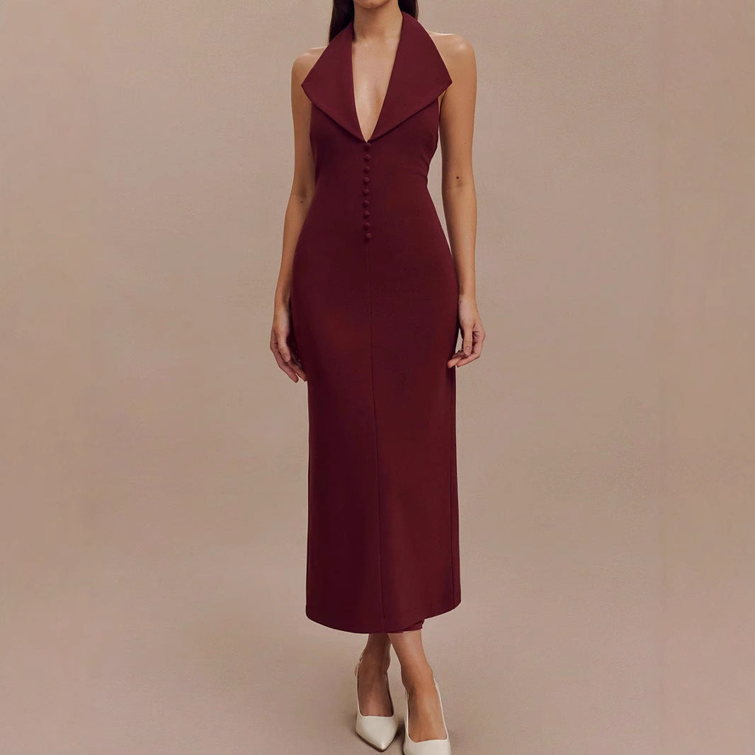 Sexy Women Clothing Sexy Backless V neck Midi Dress Skinny Sheath Split Halter Dress REBECCA