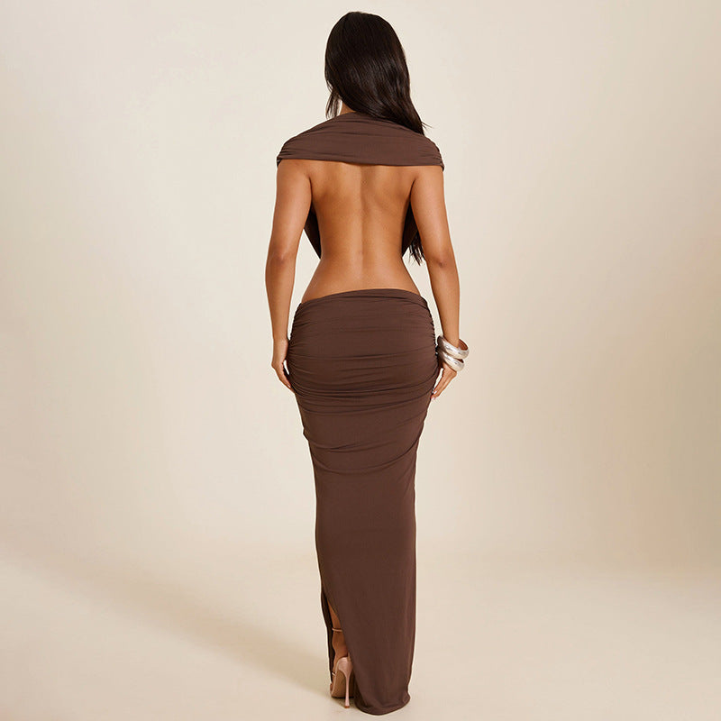 Women Clothing Summer Solid Color Casual Sleeveless Halter Backless Slim Fit Sheath Maxi Dress HONEYBADGER