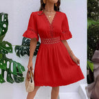 Women Clothing Summer Patchwork Lace V Neck Tight Waist Solid Color Dress AXE