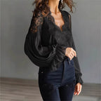 Women Lace Stitching Puff Sleeve Pleated Shirt NICE