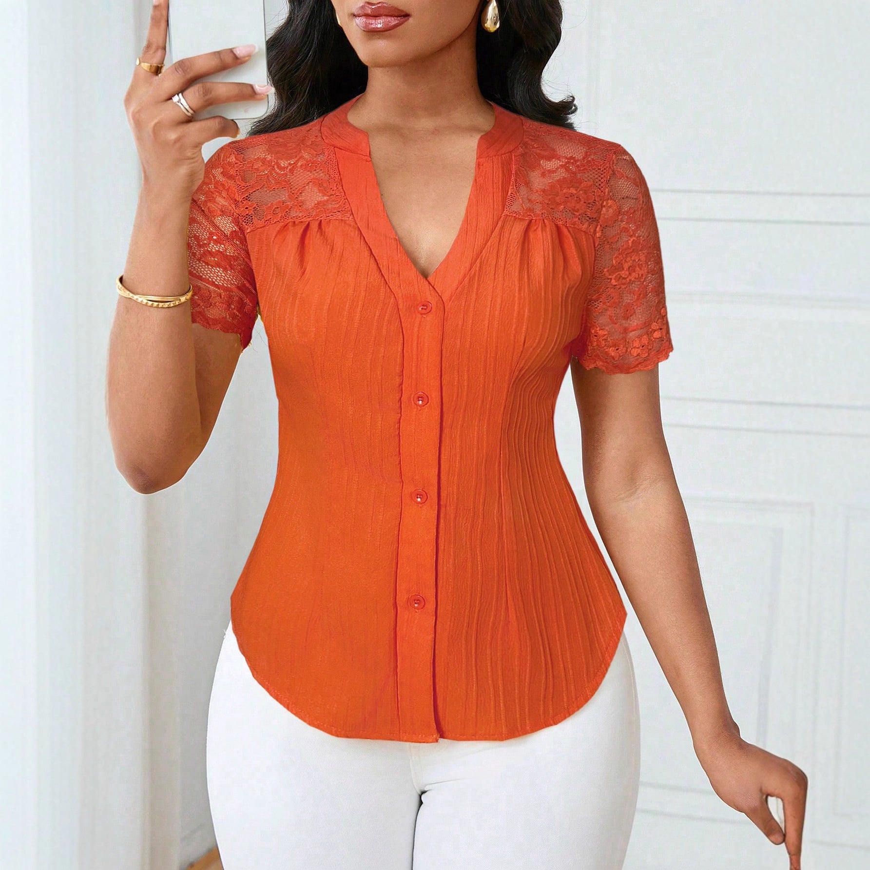 All Match Single Breasted Solid Color Slim Fit Embroidery Hollow Out Cutout Short Sleeve Top AXE