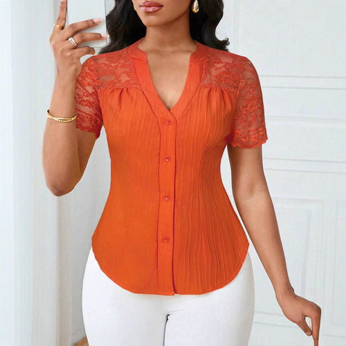 All Match Single Breasted Solid Color Slim Fit Embroidery Hollow Out Cutout Short Sleeve Top AXE