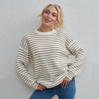 Ropa de mujer, camiseta a rayas con cuello redondo a juego, suéter holgado informal sencillo