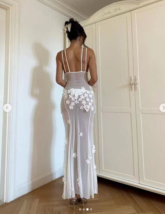 Women V neck Lace Stitching Sleeveless Waist Hollow Out Cutout Lace Dress FDhnpbk