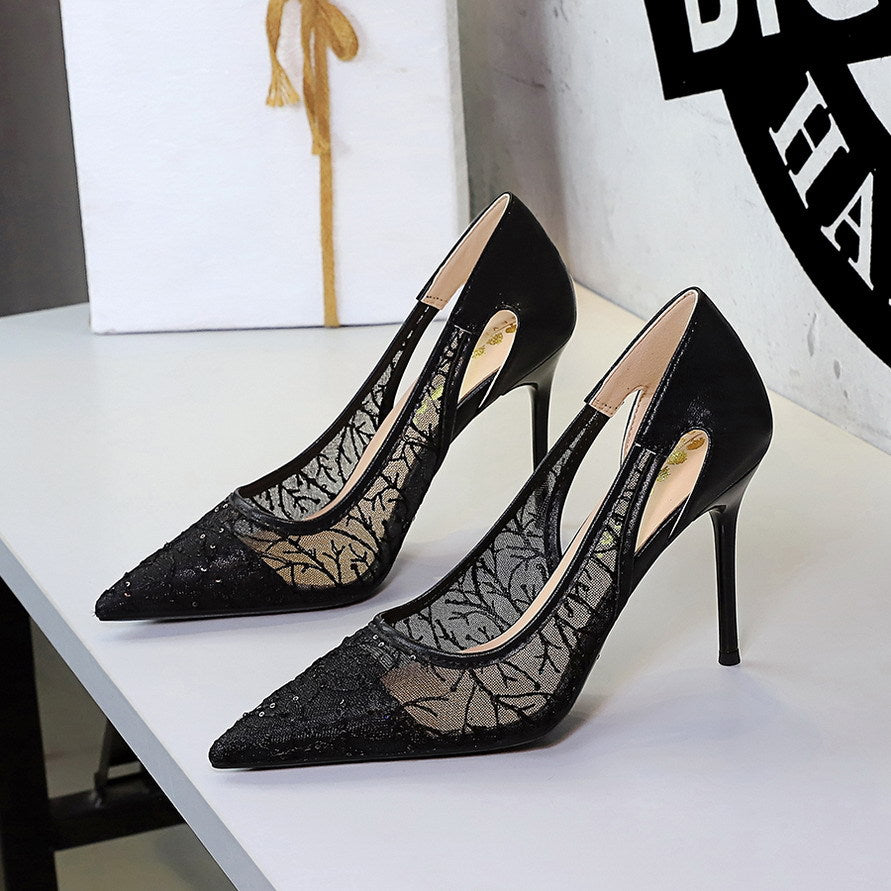 Design Hollow Out Cutout Lace Mesh Super High Heel Women Shoes Slip on Cocktail Pointed Toe Pumps Women Shoes ForestFootwear