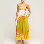 Sexy Sling Cotton Linen Printing Positioning Large Swing Dress Women Gemi