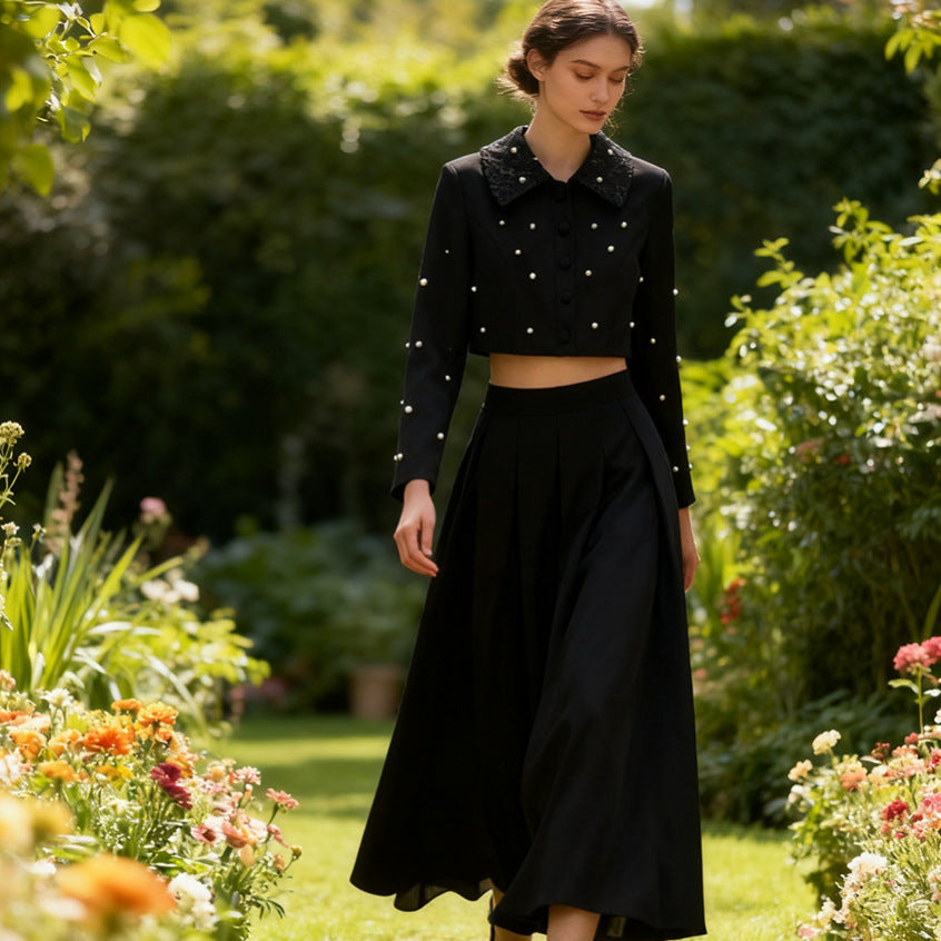 Spring Elegant Pleated Slim Maxi Dress Solid Color Beaded Collared Long Sleeve Two Piece Sets Women Sailfish