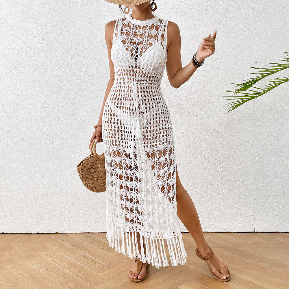 Vestido playero largo con borlas y encaje para mujer, vestido playero con aberturas y flores, con cintura recortada