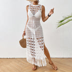 Vestido playero largo con borlas y encaje para mujer, vestido playero con aberturas y flores, con cintura recortada