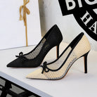 French High Heels Bow Pointed Shallow Mouth Mesh Lace Stiletto Heel Slip on Pumps Women ForestFootwear