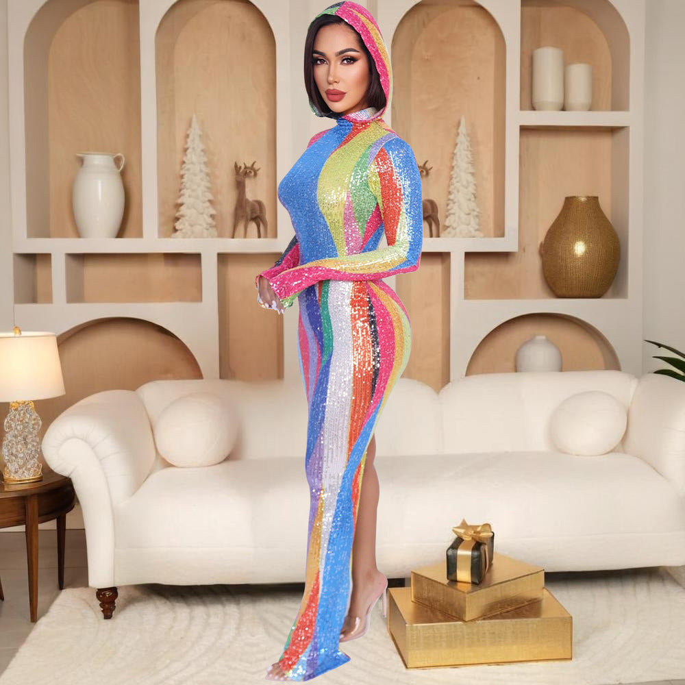 Vestido largo con capucha y abertura alta para discoteca, sexy, para mujer