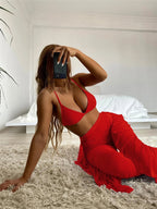 Swimsuit Women Split Three Piece Mesh Solid Color Trousers Bikini