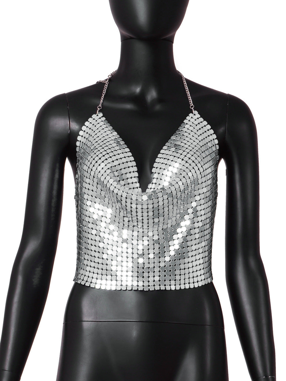 Women Clothing Low Cut Backless Metal Sequ Chain Strap Deep V Plunge Cropped Tank Top Women Hadid