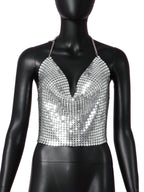 Women Clothing Low Cut Backless Metal Sequ Chain Strap Deep V Plunge Cropped Tank Top Women Hadid