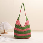 Bolso de hombro de paja a rayas de gran capacidad, bolso de paja tejido a mano, bolso de playa para vacaciones en la playa 