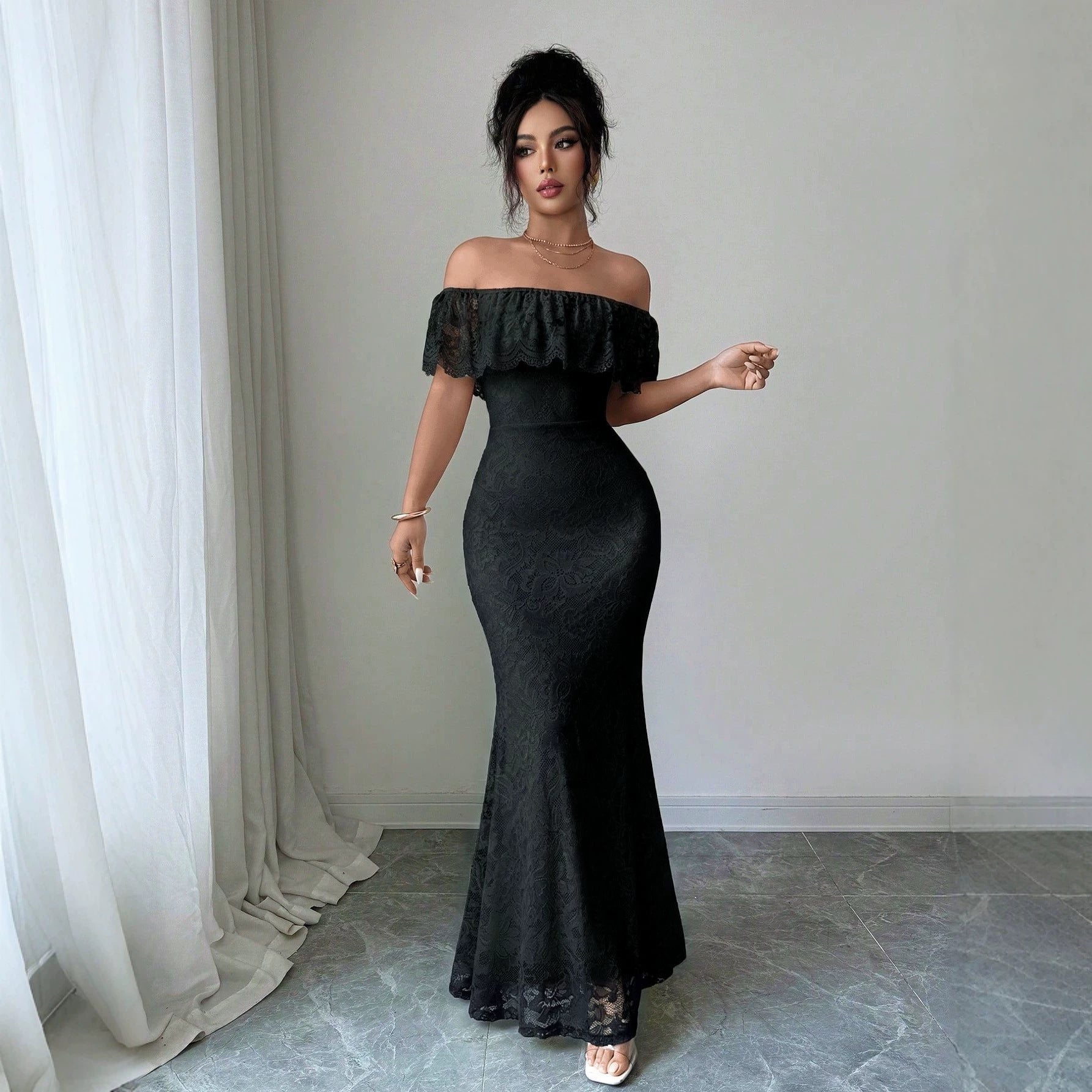 Autumn Elegant off Shoulder Ruffled Lace Patchwork Maxi Dress Vivish