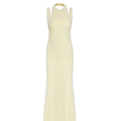 Pearl Tassel off the Shoulder Fishtail Dress Heavy Industry Beads Slim Slimming Dinner Dress for Women Sight