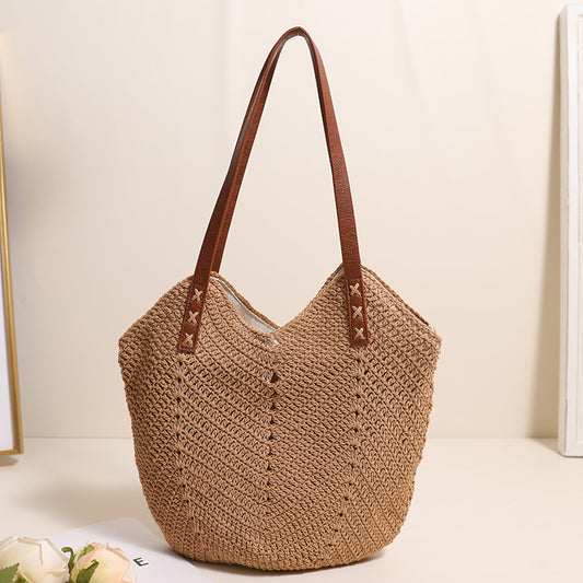 Bolso de hombro tejido con hilo de algodón, bolso informal de paja, bolso de playa para vacaciones, bolso de mujer de nicho a juego. 