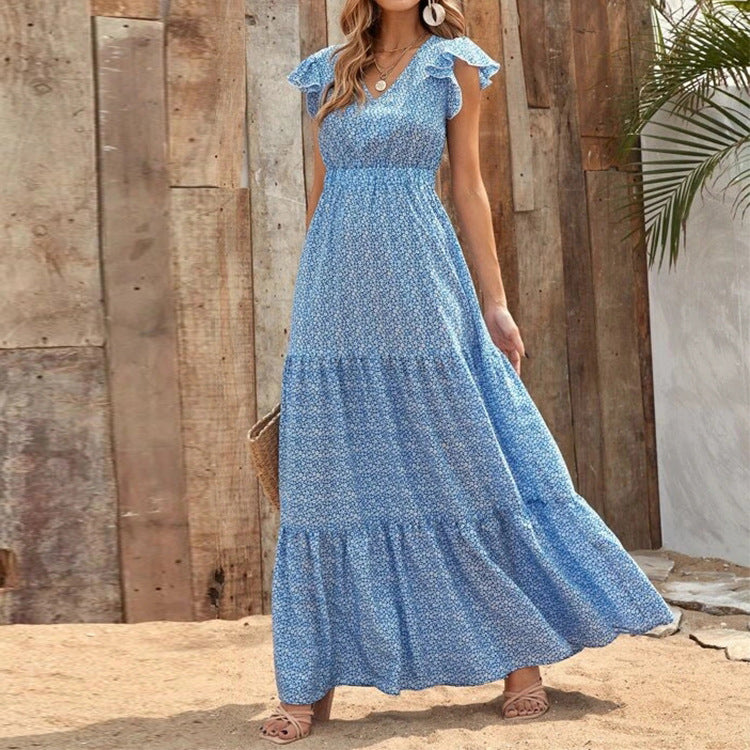 Women Clothing Summer Bohemian V-neck High Waist Print Vacation Dress Stitching Floral Dress Cloth Porch