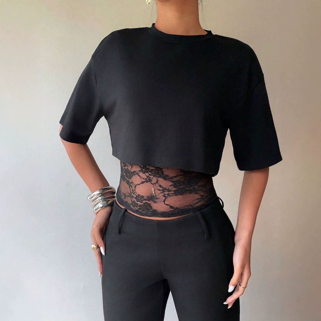 Summer Faux Two Piece Lace Slim Fit Patchwork Hollow Out Cutout Sexy Short Sleeve Women T Shirt Tops Vivish
