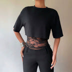 Summer Faux Two Piece Lace Slim Fit Patchwork Hollow Out Cutout Sexy Short Sleeve Women T Shirt Tops Vivish