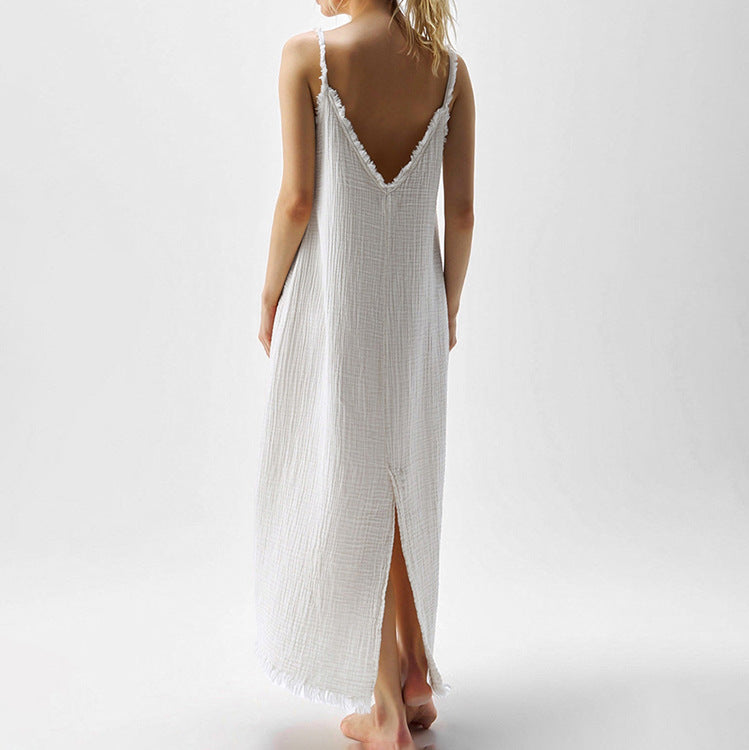 Women Clothing Fashionable Simple Casual Suspender Cotton Champray White V Collar Split Dress Kigali