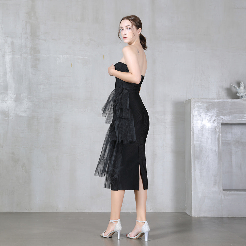 Bandage One Piece Dress Summer Elegant Slim Fit Sexy High Waist Dinner Dress Tube Top Tulle Dress Locket