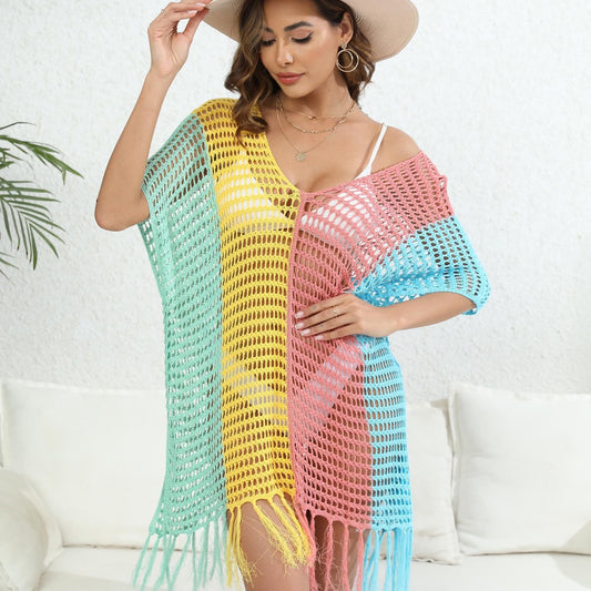 Women Beach Vacation Beach Cover Up Women Clothing Contrast Color Hollow Out Cutout Woven Shirt Sexy Dress